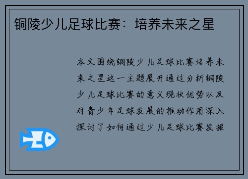 铜陵少儿足球比赛：培养未来之星