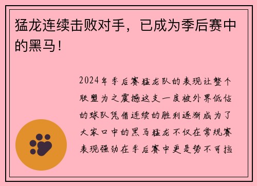 猛龙连续击败对手，已成为季后赛中的黑马！