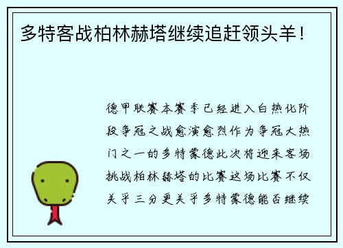 多特客战柏林赫塔继续追赶领头羊！