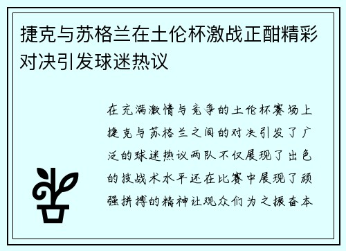 捷克与苏格兰在土伦杯激战正酣精彩对决引发球迷热议