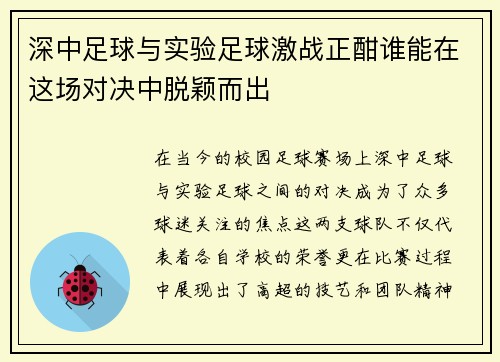 深中足球与实验足球激战正酣谁能在这场对决中脱颖而出