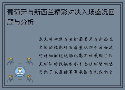 葡萄牙与新西兰精彩对决入场盛况回顾与分析