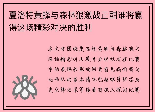 夏洛特黄蜂与森林狼激战正酣谁将赢得这场精彩对决的胜利