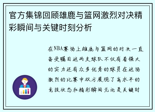 官方集锦回顾雄鹿与篮网激烈对决精彩瞬间与关键时刻分析