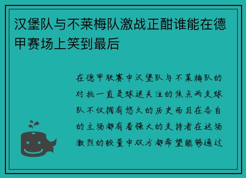 汉堡队与不莱梅队激战正酣谁能在德甲赛场上笑到最后
