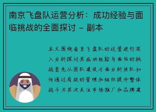 南京飞盘队运营分析：成功经验与面临挑战的全面探讨 - 副本