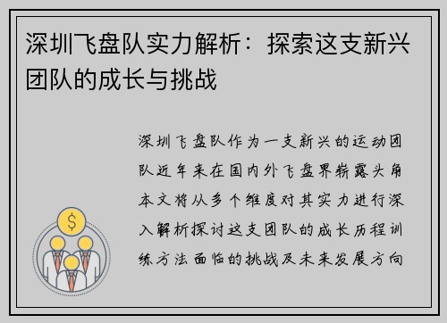 深圳飞盘队实力解析：探索这支新兴团队的成长与挑战
