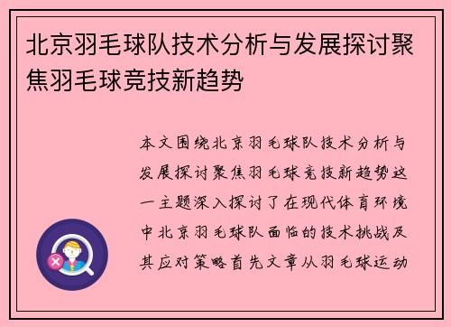 北京羽毛球队技术分析与发展探讨聚焦羽毛球竞技新趋势
